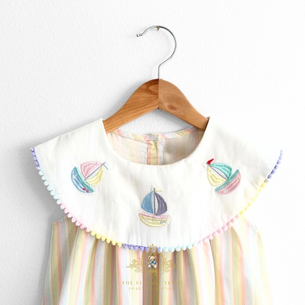 NWT Pretty Girls Embroidered Bib Collar Dress Sunshine Stripes & Sailboats 5T - Picture 3 of 3